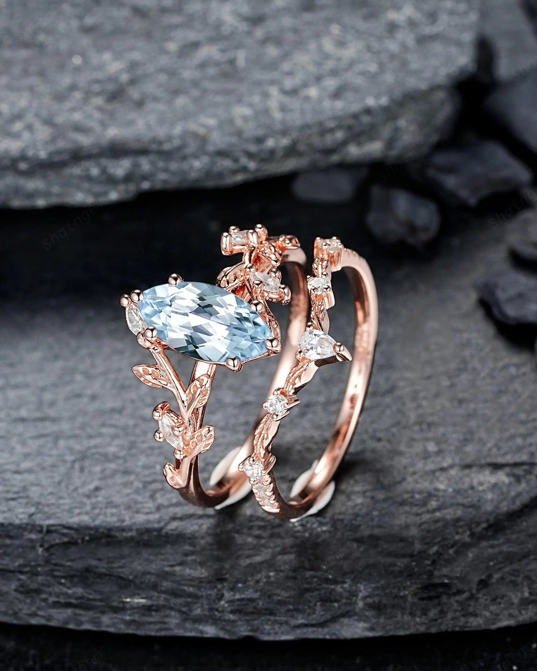 Marquise Cut Aquamarine Engagement Ring: Solid Rose Gold Twig Branch Wedding Set, Nature Inspired Leaf Vine Promise Ring, Platinum Rings - ShainJewelry