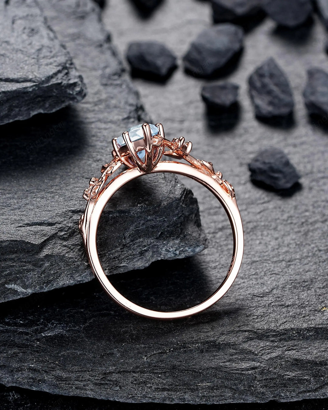 Marquise Cut Aquamarine Engagement Ring: Solid Rose Gold Twig Branch Wedding Set, Nature Inspired Leaf Vine Promise Ring, Platinum Rings - ShainJewelry