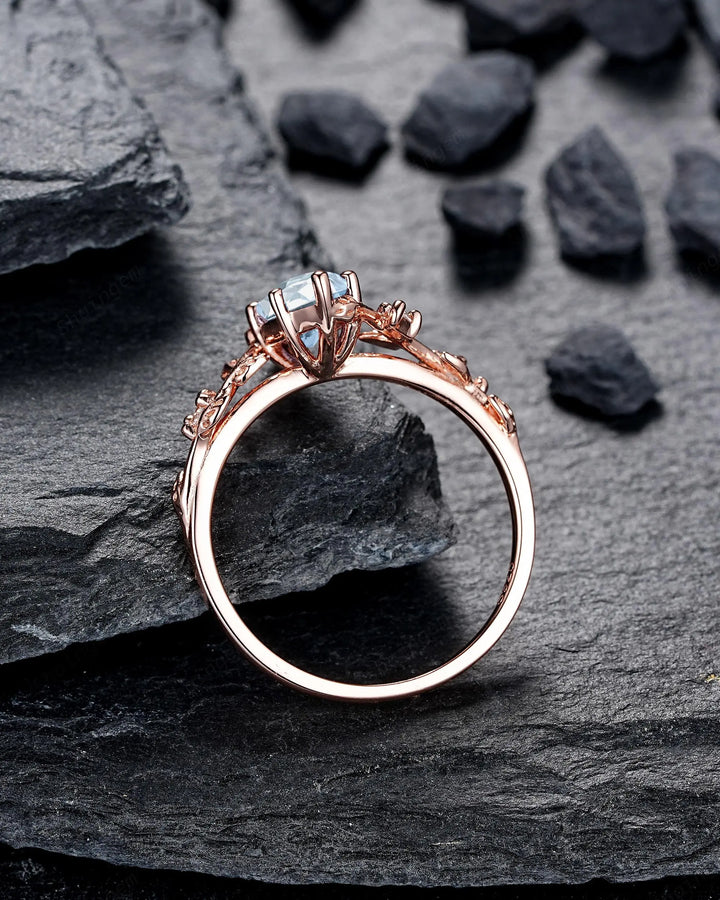 Marquise Cut Aquamarine Engagement Ring: Solid Rose Gold Twig Branch Wedding Set, Nature Inspired Leaf Vine Promise Ring, Platinum Rings - ShainJewelry