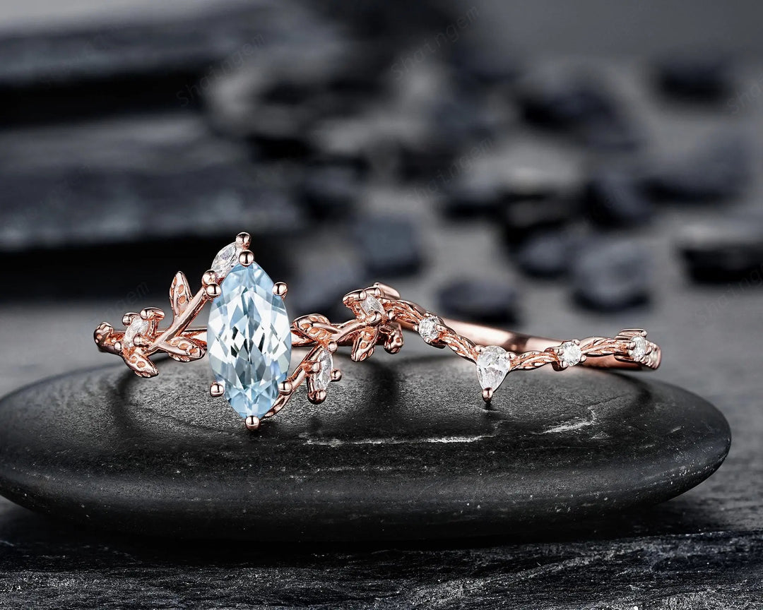 Marquise Cut Aquamarine Engagement Ring: Solid Rose Gold Twig Branch Wedding Set, Nature Inspired Leaf Vine Promise Ring, Platinum Rings - ShainJewelry