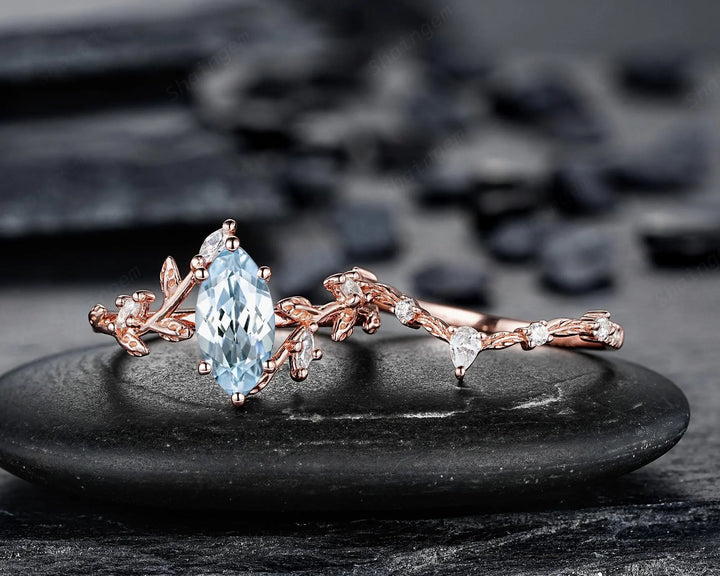 Marquise Cut Aquamarine Engagement Ring: Solid Rose Gold Twig Branch Wedding Set, Nature Inspired Leaf Vine Promise Ring, Platinum Rings - ShainJewelry