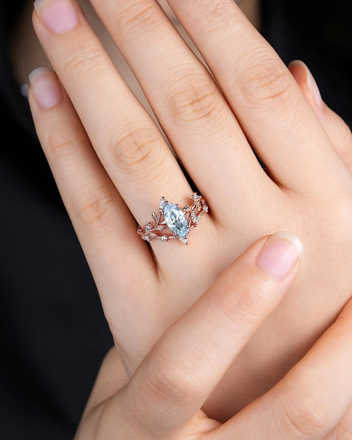 Marquise Cut Aquamarine Engagement Ring: Solid Rose Gold Twig Branch Wedding Set, Nature Inspired Leaf Vine Promise Ring, Platinum Rings - ShainJewelry