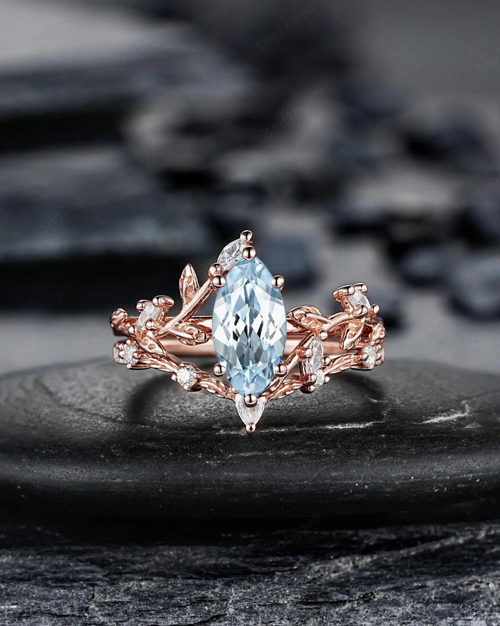 Marquise Cut Aquamarine Engagement Ring: Solid Rose Gold Twig Branch Wedding Set, Nature Inspired Leaf Vine Promise Ring, Platinum Rings - ShainJewelry