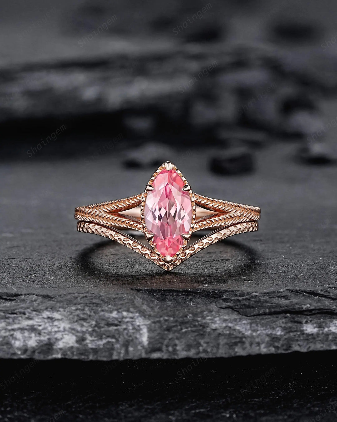 Vintage Spilt Shank Marquise Pink Sapphire Engagement Ring, Unique Curved Wedding Promise Ring, V Shape Milgrain Rose Gold Anniversary Ring - ShainJewelry