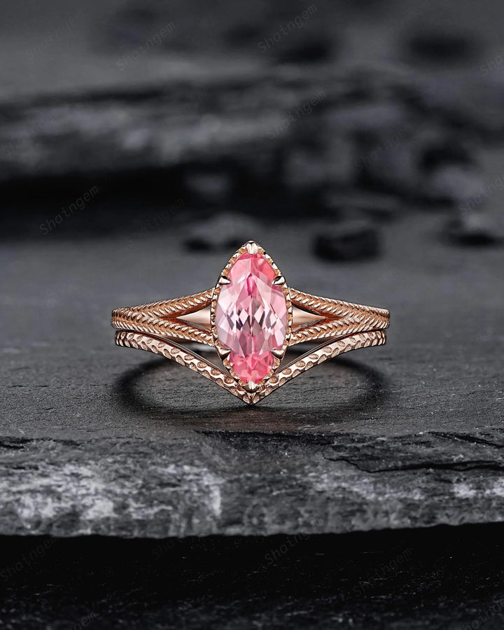 Vintage Spilt Shank Marquise Pink Sapphire Engagement Ring, Unique Curved Wedding Promise Ring, V Shape Milgrain Rose Gold Anniversary Ring - ShainJewelry