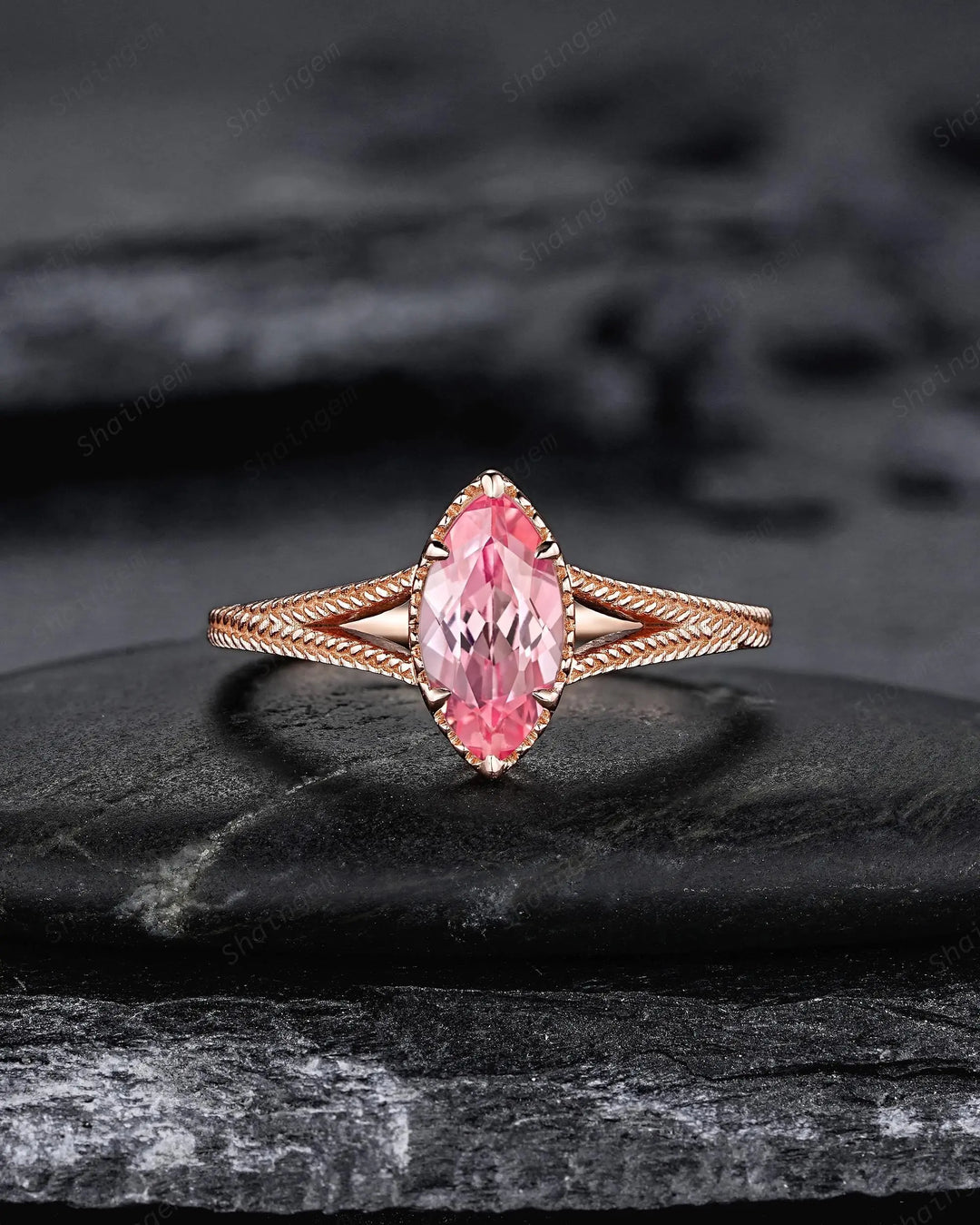 Vintage Spilt Shank Marquise Pink Sapphire Engagement Ring, Unique Curved Wedding Promise Ring, V Shape Milgrain Rose Gold Anniversary Ring - ShainJewelry