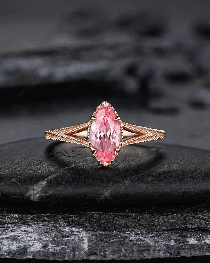 Vintage Spilt Shank Marquise Pink Sapphire Engagement Ring, Unique Curved Wedding Promise Ring, V Shape Milgrain Rose Gold Anniversary Ring - ShainJewelry