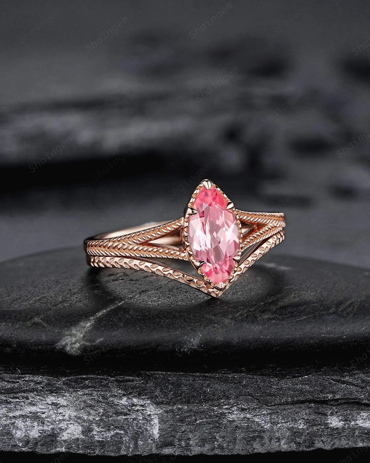 Vintage Spilt Shank Marquise Pink Sapphire Engagement Ring, Unique Curved Wedding Promise Ring, V Shape Milgrain Rose Gold Anniversary Ring - ShainJewelry