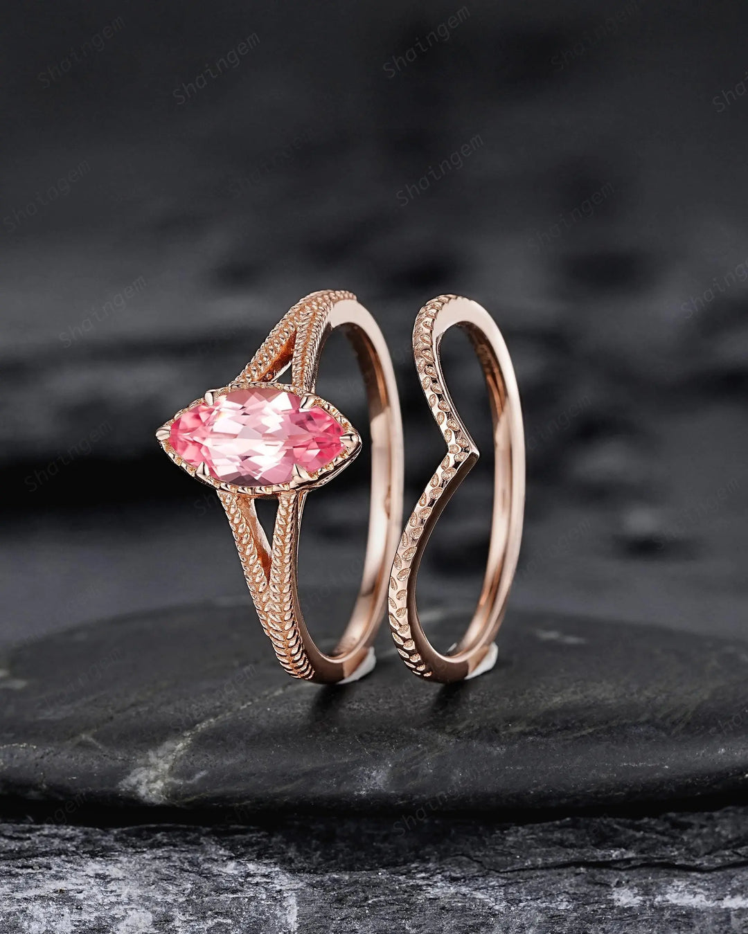 Vintage Spilt Shank Marquise Pink Sapphire Engagement Ring, Unique Curved Wedding Promise Ring, V Shape Milgrain Rose Gold Anniversary Ring - ShainJewelry