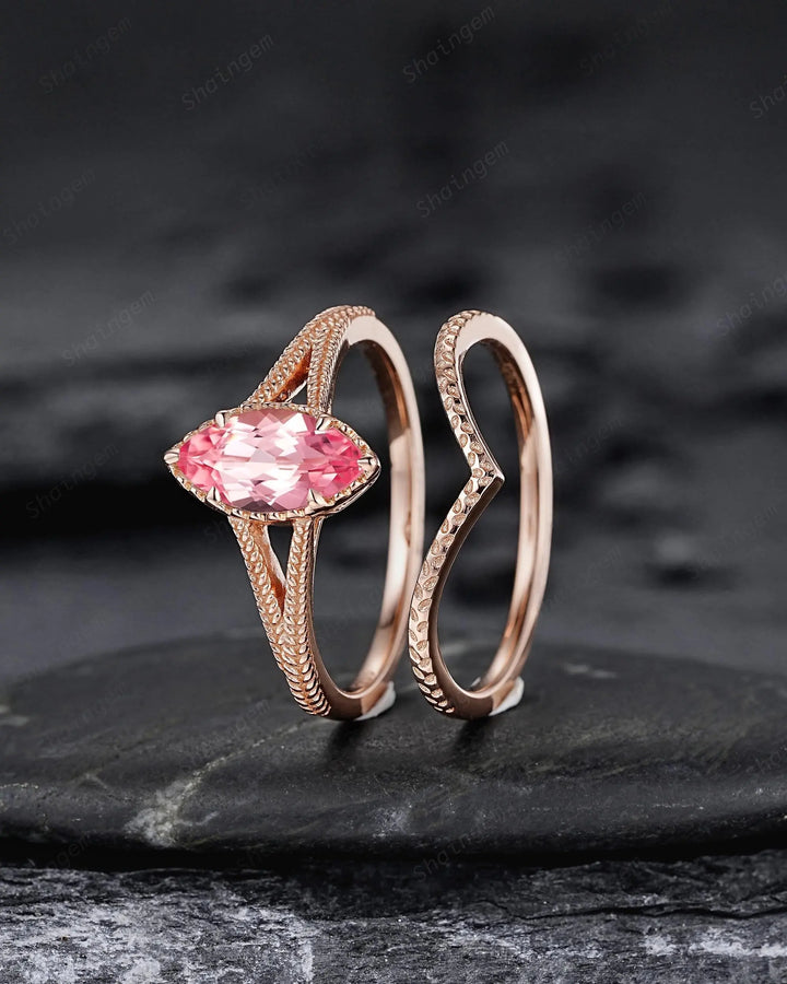 Vintage Spilt Shank Marquise Pink Sapphire Engagement Ring, Unique Curved Wedding Promise Ring, V Shape Milgrain Rose Gold Anniversary Ring - ShainJewelry