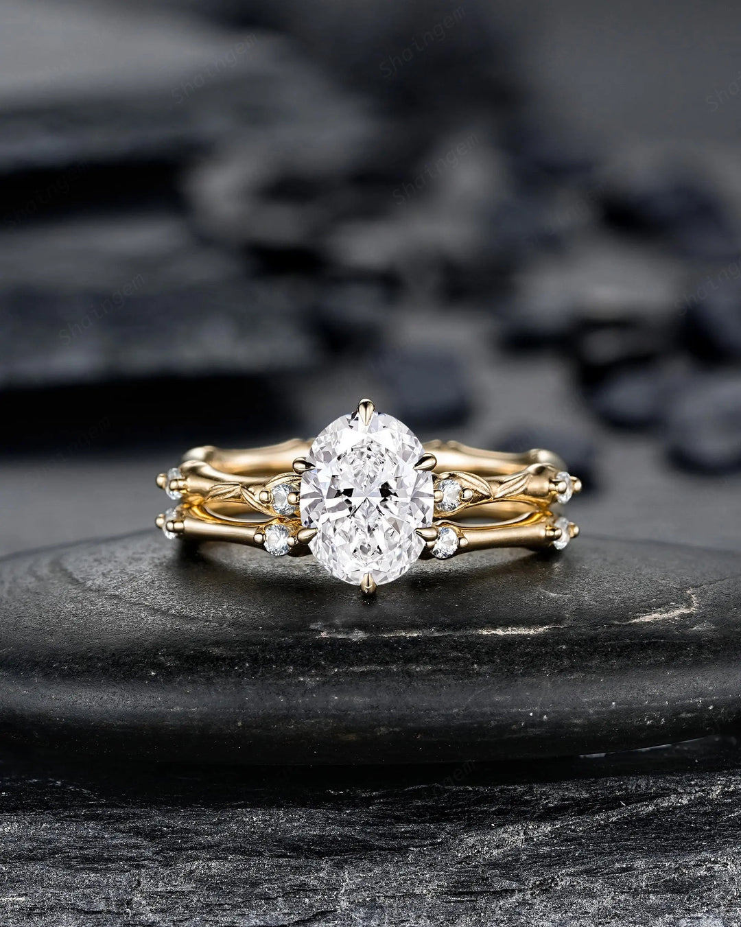 IGI Certificated 1 Carat Oval Shape Lab Grown Diamond Engagement Ring: Solid Yellow Gold Promise Wedding Ring, Platinum Bamboo Knot Rings - ShainJewelry