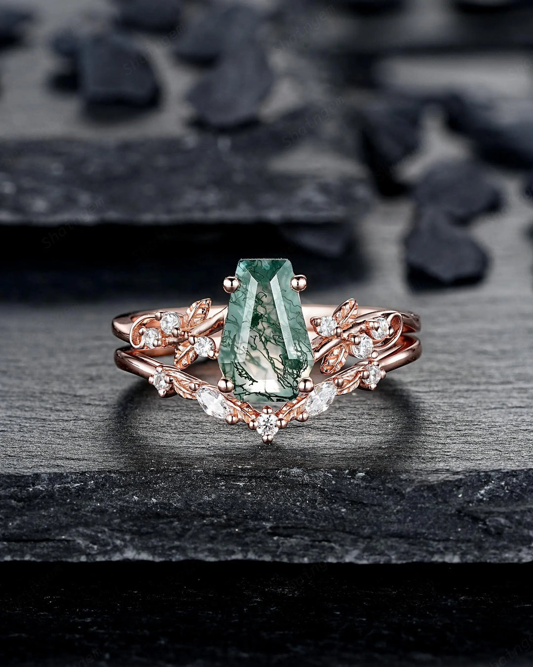 Coffin Shape Moss Agate Engagement Ring Set: Rose Gold Marry to Bury Wedding Promise Anniversary Ring, Till Death Silver, 24K Gold Plated - ShainJewelry