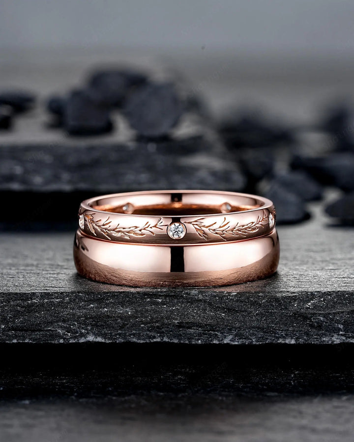 Rosemary Engraved His and Hers Couple Ring Set: Full Eternity, Rose Gold Wedding Band, Engagement Band Promise Ring , Men's Women's Band - ShainJewelry