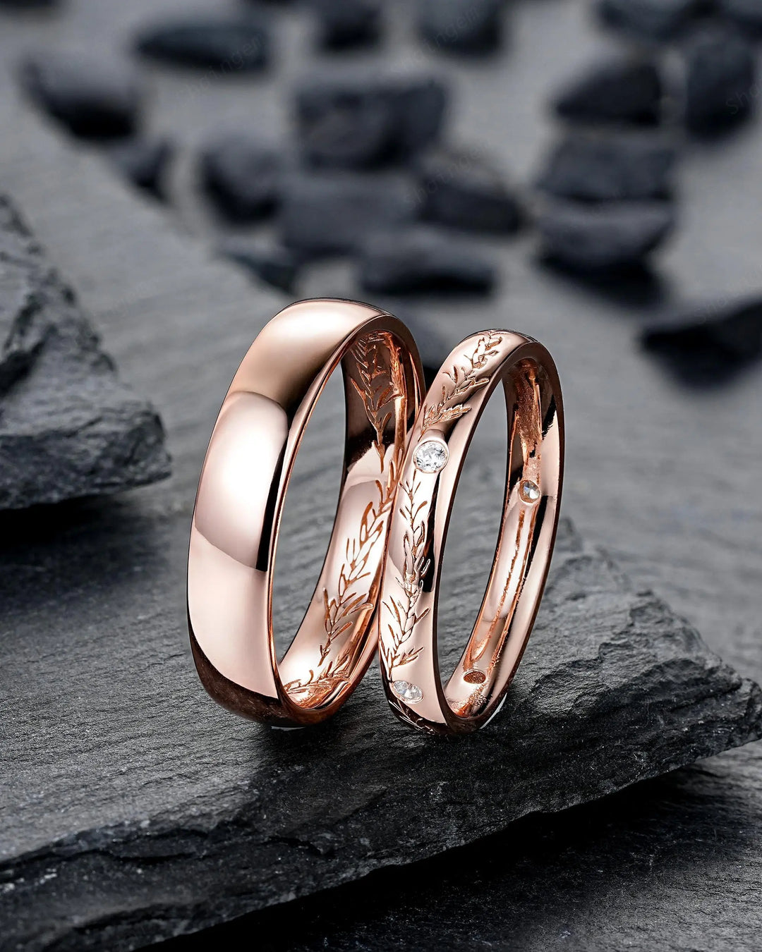 Rosemary Engraved His and Hers Couple Ring Set: Full Eternity, Rose Gold Wedding Band, Engagement Band Promise Ring , Men's Women's Band - ShainJewelry