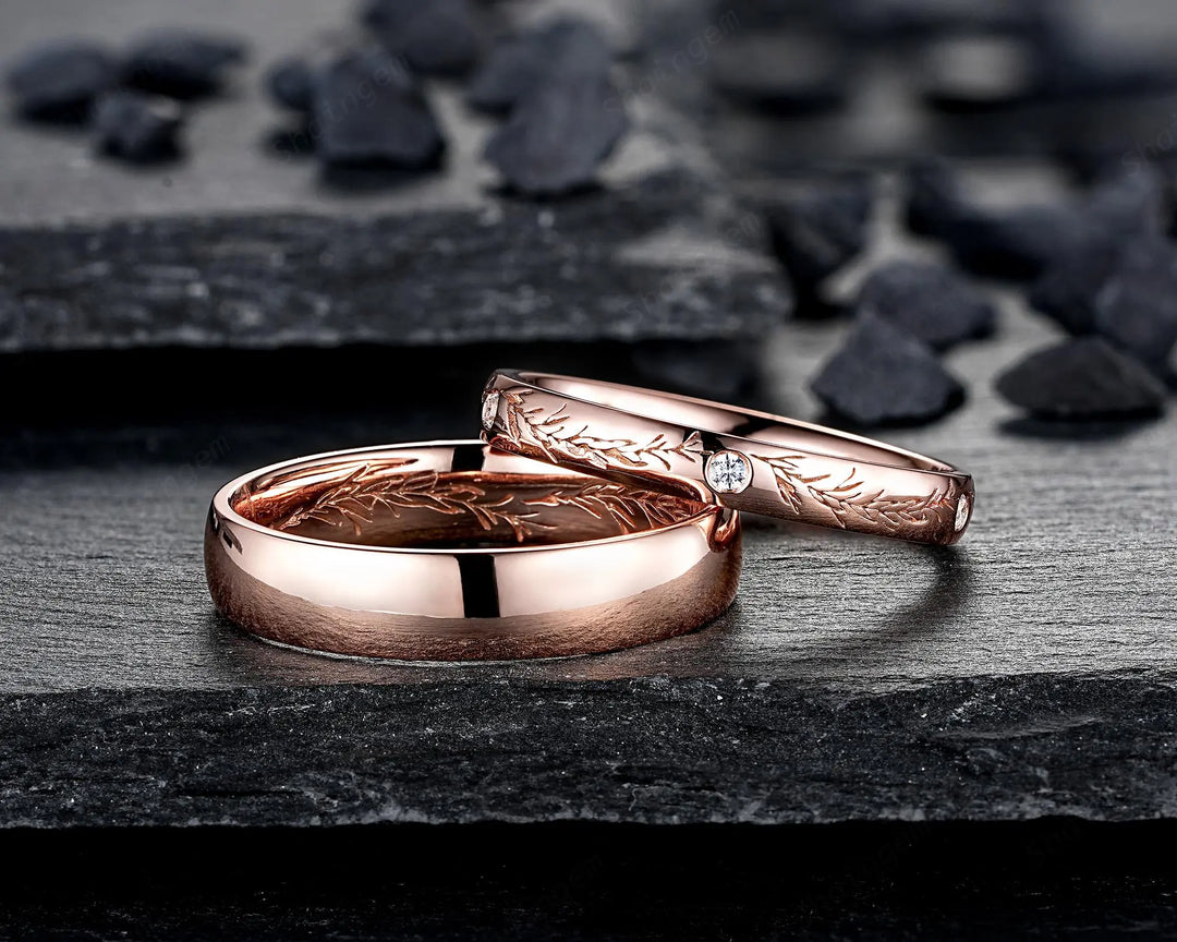 Rosemary Engraved His and Hers Couple Ring Set: Full Eternity, Rose Gold Wedding Band, Engagement Band Promise Ring , Men's Women's Band - ShainJewelry
