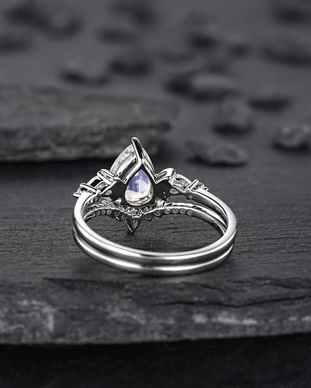 Pear Shape Blue Moonstone Crescent Engagement Ring: Unique Solid White Gold Moon Nature Inspired Promise Wedding Ring, Platinum Bridal Set - ShainJewelry