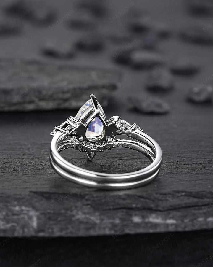 Pear Shape Blue Moonstone Crescent Engagement Ring: Unique Solid White Gold Moon Nature Inspired Promise Wedding Ring, Platinum Bridal Set - ShainJewelry