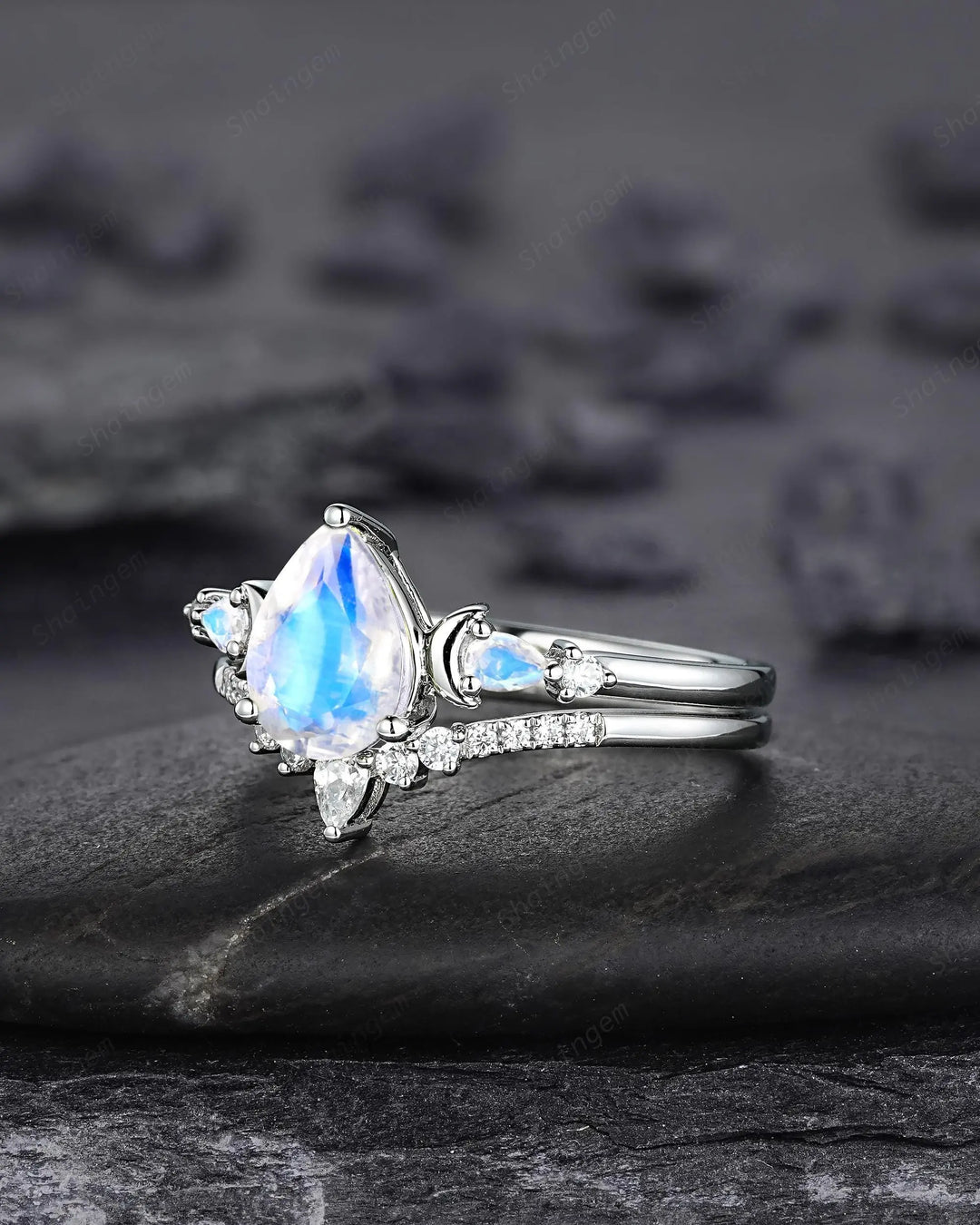 Pear Shape Blue Moonstone Crescent Engagement Ring: Unique Solid White Gold Moon Nature Inspired Promise Wedding Ring, Platinum Bridal Set - ShainJewelry