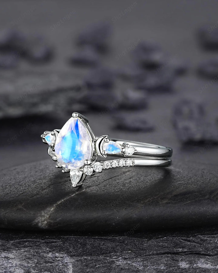 Pear Shape Blue Moonstone Crescent Engagement Ring: Unique Solid White Gold Moon Nature Inspired Promise Wedding Ring, Platinum Bridal Set - ShainJewelry