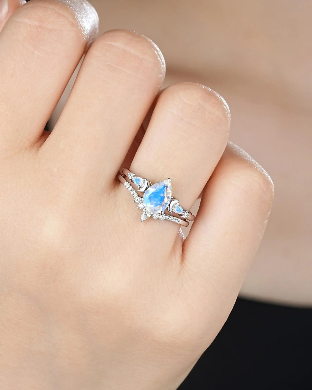 Pear Shape Blue Moonstone Crescent Engagement Ring: Unique Solid White Gold Moon Nature Inspired Promise Wedding Ring, Platinum Bridal Set - ShainJewelry