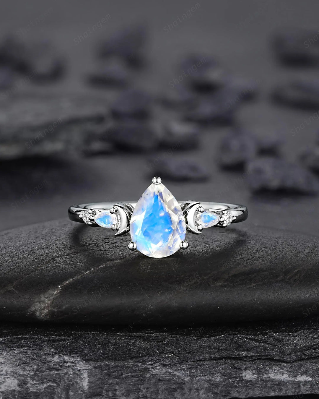 Pear Shape Blue Moonstone Crescent Engagement Ring: Unique Solid White Gold Moon Nature Inspired Promise Wedding Ring, Platinum Bridal Set - ShainJewelry