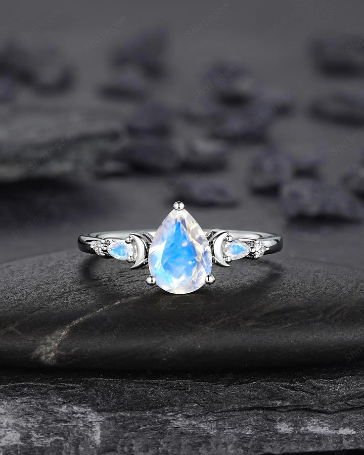 Pear Shape Blue Moonstone Crescent Engagement Ring: Unique Solid White Gold Moon Nature Inspired Promise Wedding Ring, Platinum Bridal Set - ShainJewelry