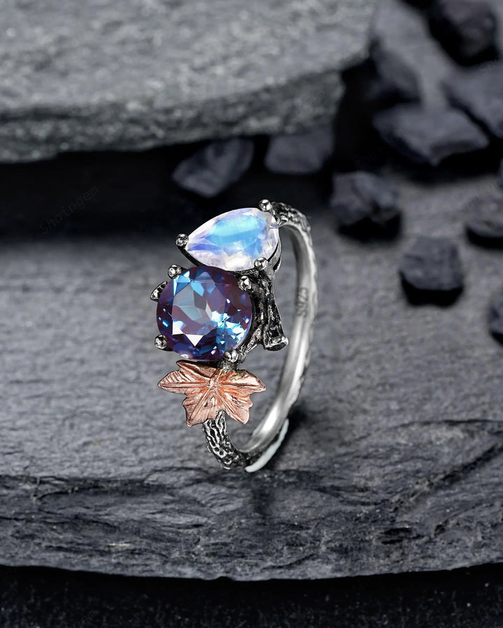 Gothic Toi Et Moi Two Tones Maple Leaf Engagement Ring: Two Stones Alexandrite and Moonstone Black Rhodium Nature Inspired Promise Wedding - ShainJewelry