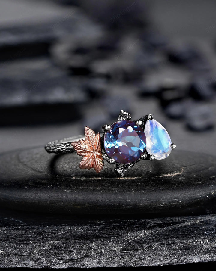 Gothic Toi Et Moi Two Tones Maple Leaf Engagement Ring: Two Stones Alexandrite and Moonstone Black Rhodium Nature Inspired Promise Wedding - ShainJewelry