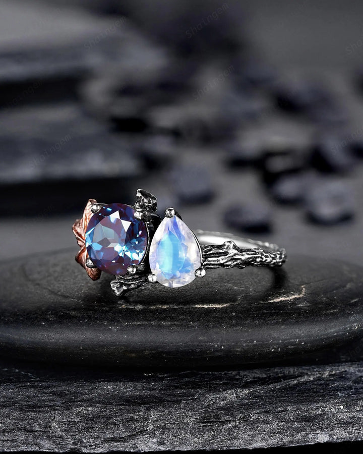 Gothic Toi Et Moi Two Tones Maple Leaf Engagement Ring: Two Stones Alexandrite and Moonstone Black Rhodium Nature Inspired Promise Wedding - ShainJewelry