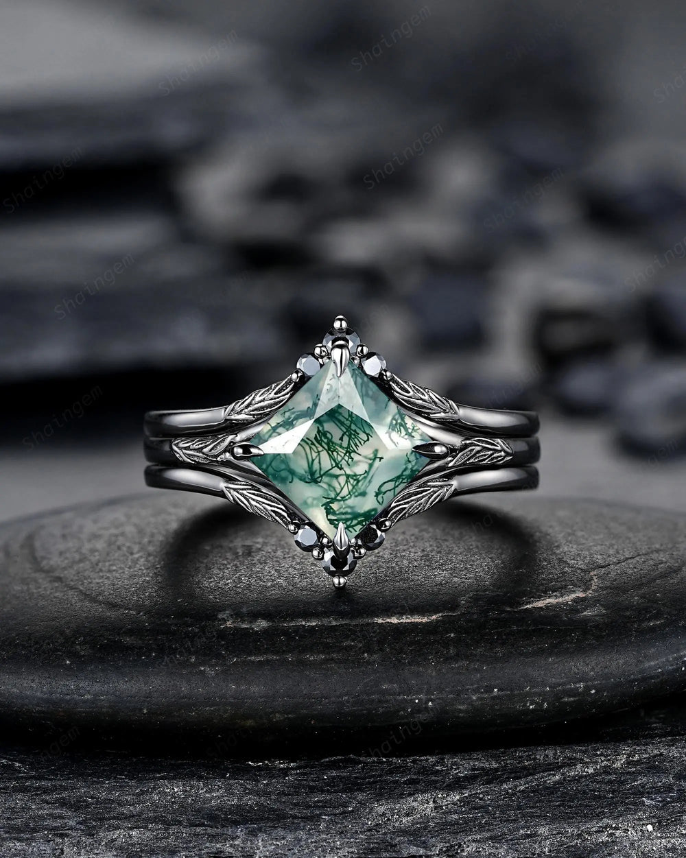 3PCS Gothic Princess Cut Moss Agate Engagement Ring Set, Goth Black Rhodium Bridal Wedding Set Gift, Dark Engraved Leaf Promise Ring - ShainJewelry