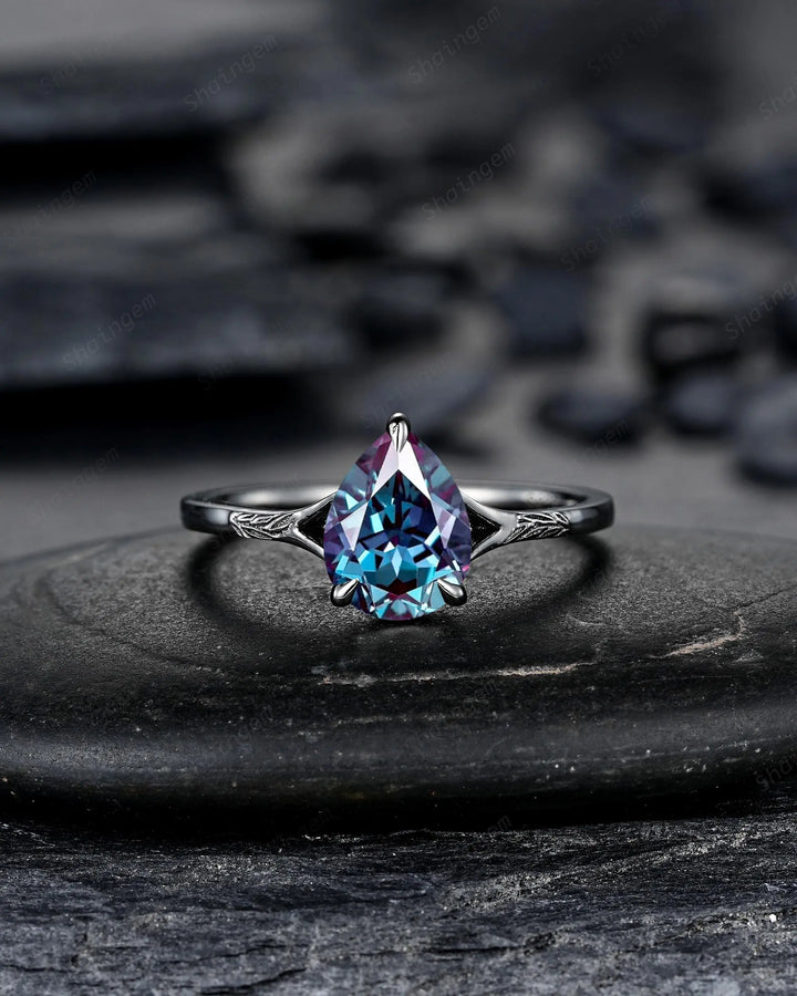 Gothic Pear Shape Alexandrite Leaf Engagement Ring Set, Black Rhodium Promise Ring Punk Black Gold V Shape Curved Solitaire Wedding Ring - ShainJewelry