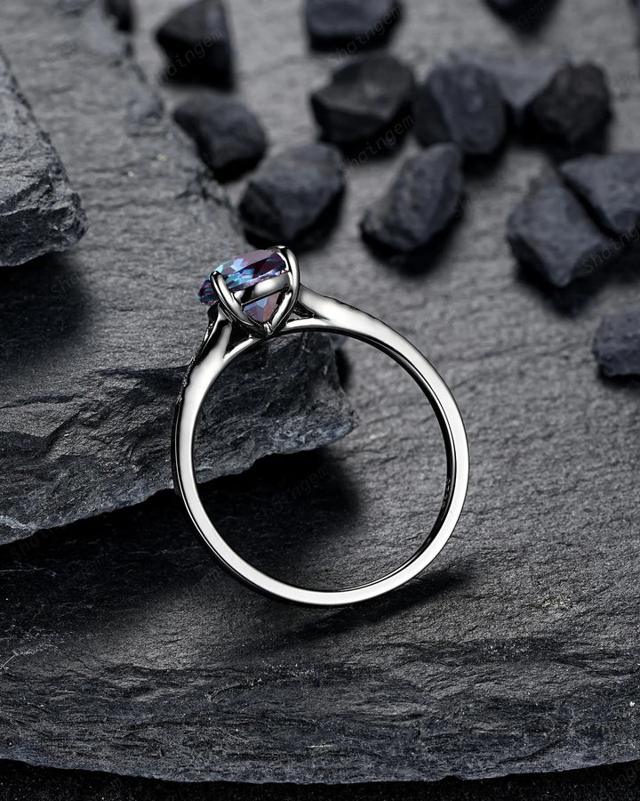 Gothic Pear Shape Alexandrite Leaf Engagement Ring Set, Black Rhodium Promise Ring Punk Black Gold V Shape Curved Solitaire Wedding Ring - ShainJewelry