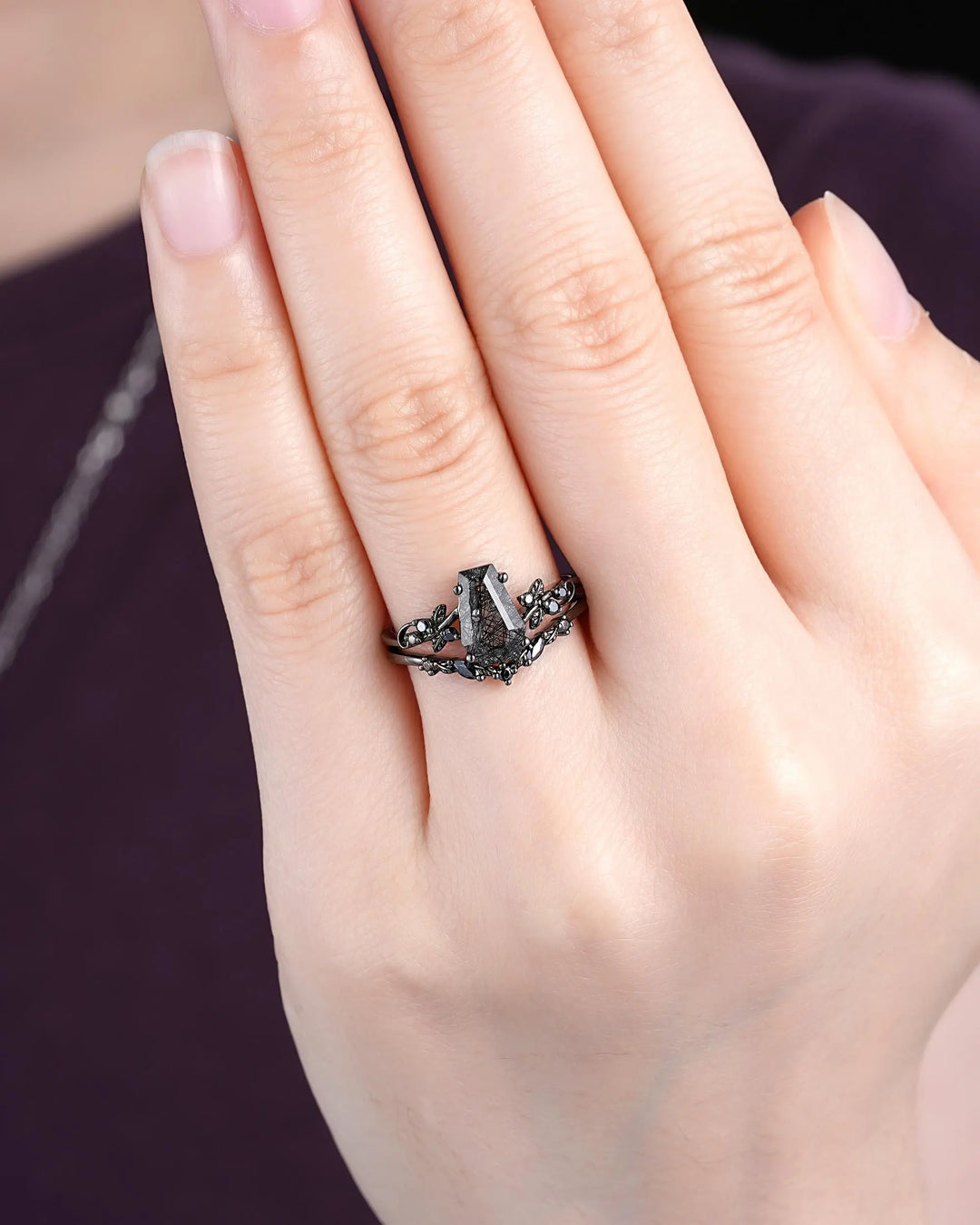 Gothic Black Gold Coffin Black Rutilated Quartz Engagement Ring: Black Twig Branch Promise Ring, Black Rhodium Leaf Wedding Ring, Till Death - ShainJewelry
