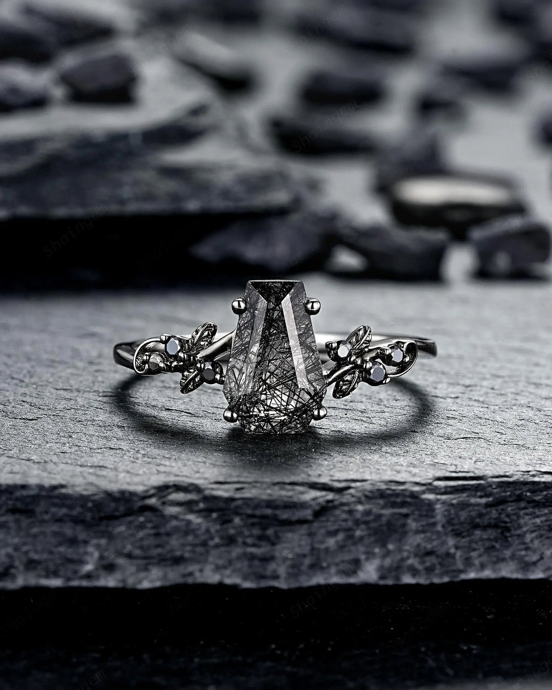 Gothic Black Gold Coffin Black Rutilated Quartz Engagement Ring: Black Twig Branch Promise Ring, Black Rhodium Leaf Wedding Ring, Till Death - ShainJewelry