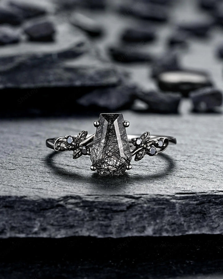 Gothic Black Gold Coffin Black Rutilated Quartz Engagement Ring: Black Twig Branch Promise Ring, Black Rhodium Leaf Wedding Ring, Till Death - ShainJewelry