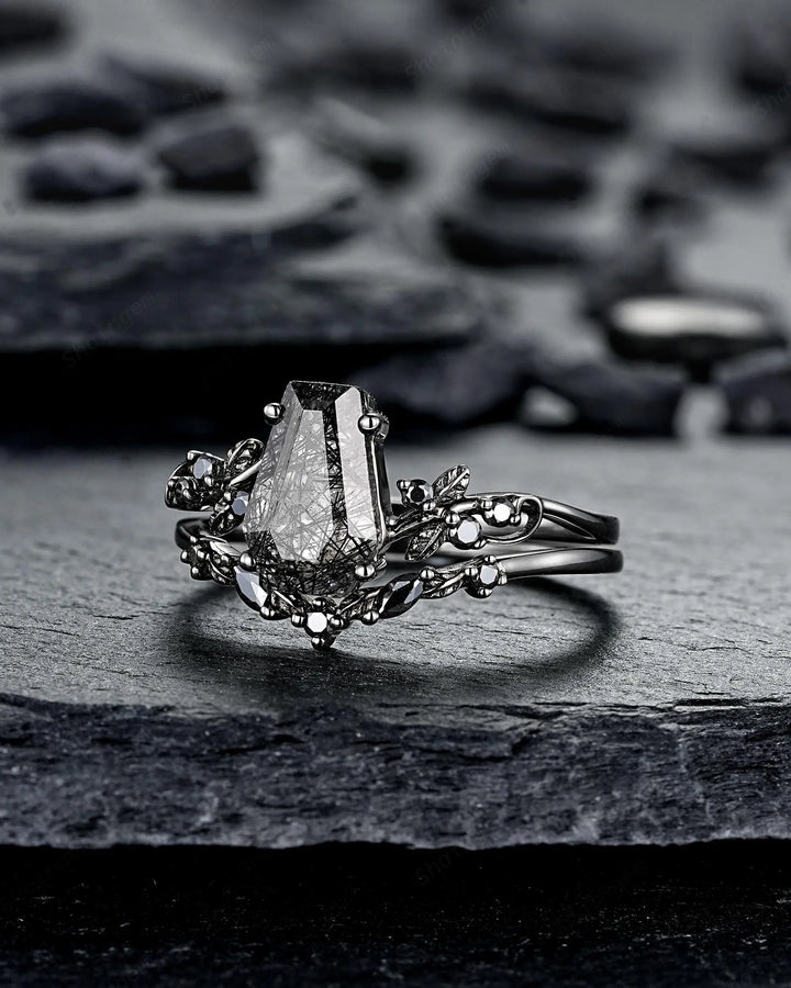 Gothic Black Gold Coffin Black Rutilated Quartz Engagement Ring: Black Twig Branch Promise Ring, Black Rhodium Leaf Wedding Ring, Till Death - ShainJewelry