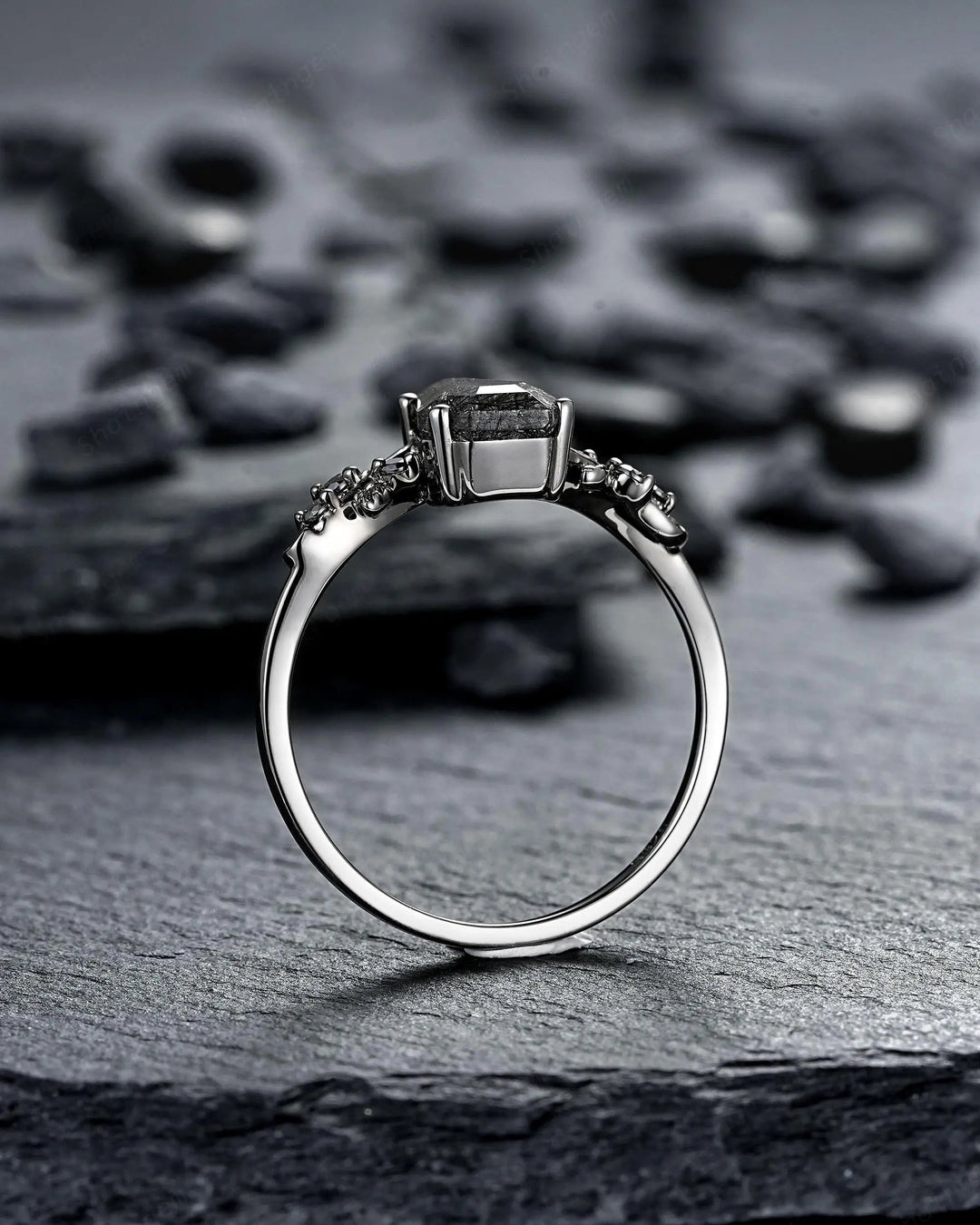 Gothic Black Gold Coffin Black Rutilated Quartz Engagement Ring: Black Twig Branch Promise Ring, Black Rhodium Leaf Wedding Ring, Till Death - ShainJewelry