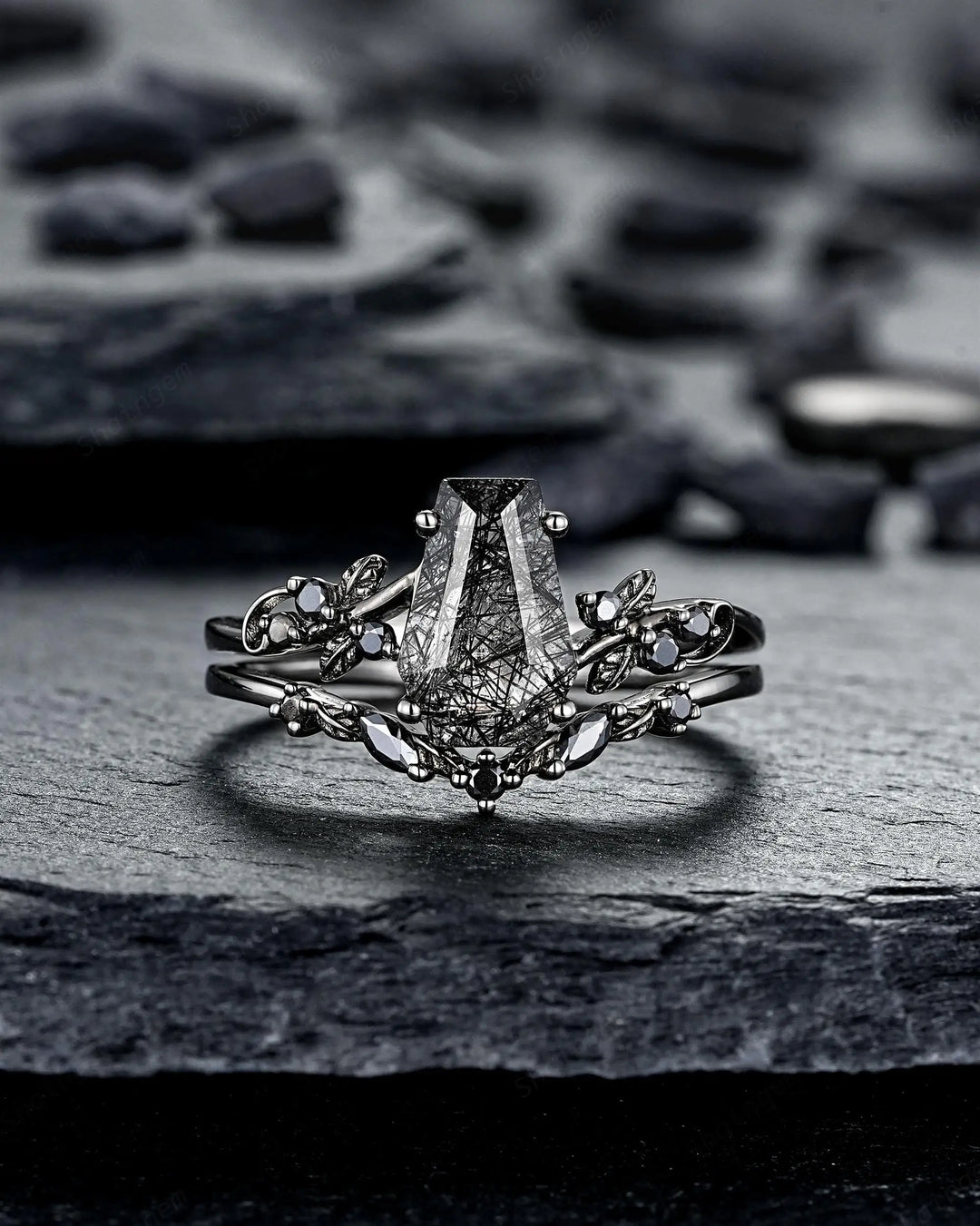 Gothic Black Gold Coffin Black Rutilated Quartz Engagement Ring: Black Twig Branch Promise Ring, Black Rhodium Leaf Wedding Ring, Till Death - ShainJewelry