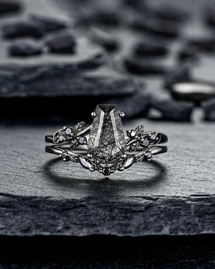 Gothic Black Gold Coffin Black Rutilated Quartz Engagement Ring: Black Twig Branch Promise Ring, Black Rhodium Leaf Wedding Ring, Till Death - ShainJewelry
