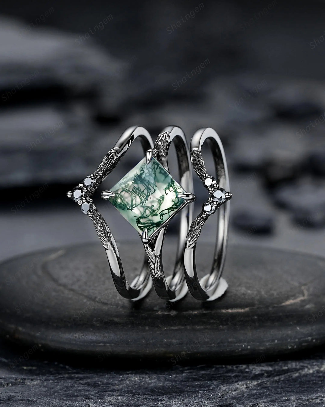 3PCS Gothic Princess Cut Moss Agate Engagement Ring Set, Goth Black Rhodium Bridal Wedding Set Gift, Dark Engraved Leaf Promise Ring - ShainJewelry