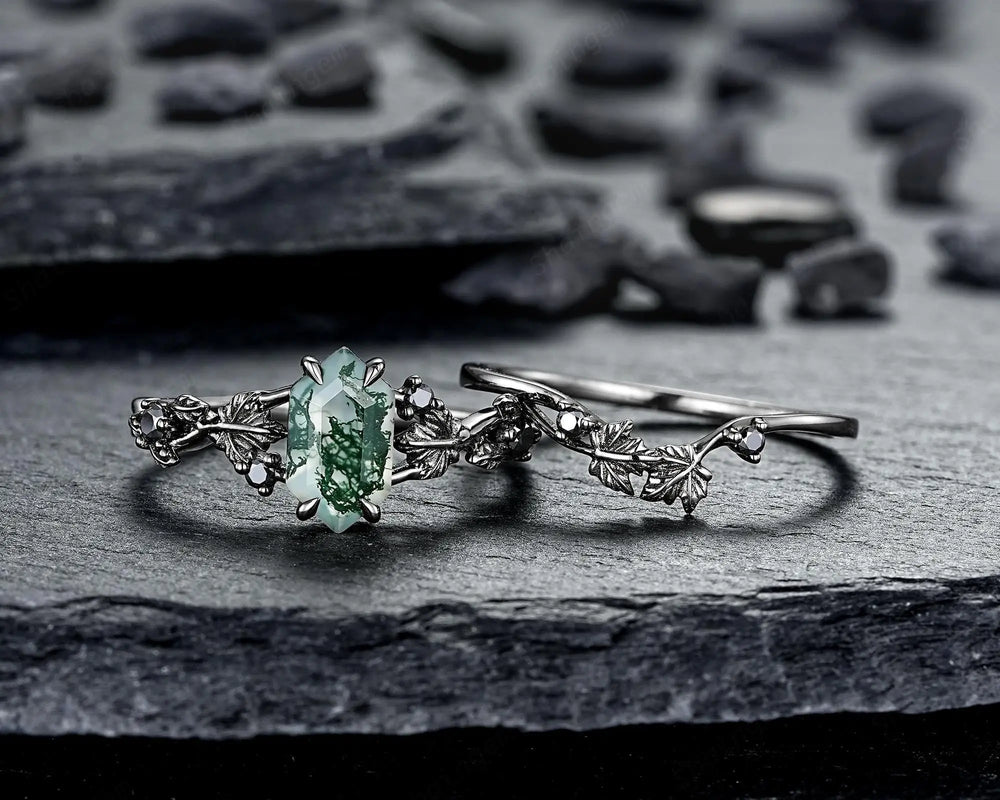 Gothic Hexagon Cut Moss Agate Engagement Ring Set: Black Rhodium Maple Leaf Wedding Ring, Punk Dark Promise Ring for Women, Witchy Jewelry - ShainJewelry