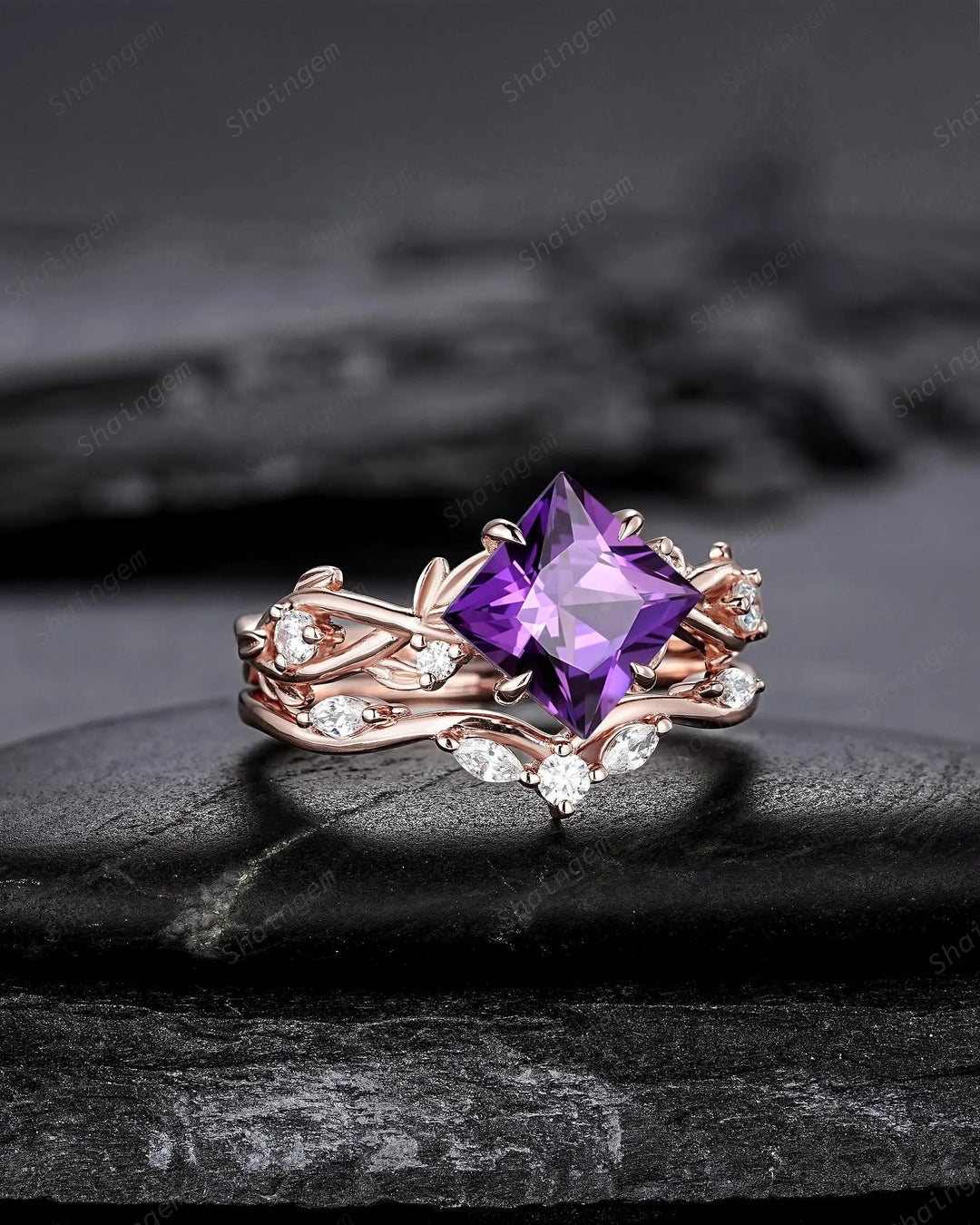 Princess Cut Purple Sapphire Engagement Ring Set: Rose Gold Promise Ring, Twig Branch Leaf Vine, 24K Gold Plated Silver, Platinum - ShainJewelry