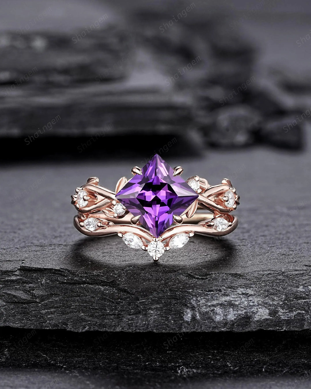 Princess Cut Purple Sapphire Engagement Ring Set: Rose Gold Promise Ring, Twig Branch Leaf Vine, 24K Gold Plated Silver, Platinum - ShainJewelry