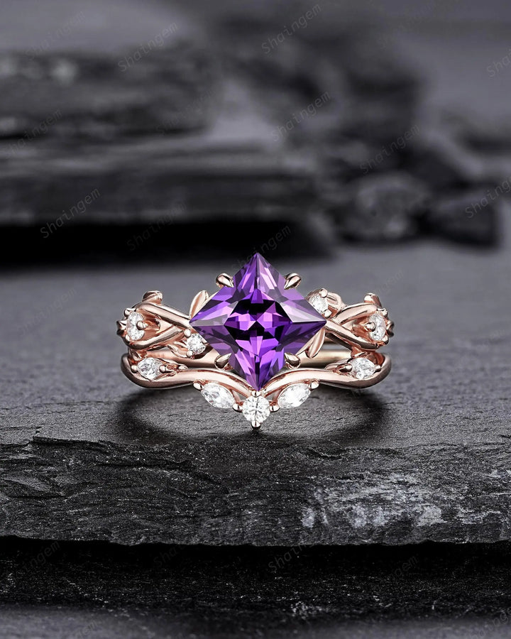 Princess Cut Purple Sapphire Engagement Ring Set: Rose Gold Promise Ring, Twig Branch Leaf Vine, 24K Gold Plated Silver, Platinum - ShainJewelry