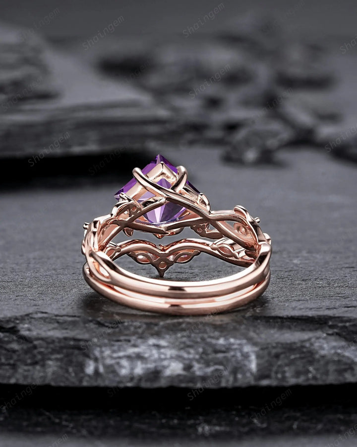 Princess Cut Purple Sapphire Engagement Ring Set: Rose Gold Promise Ring, Twig Branch Leaf Vine, 24K Gold Plated Silver, Platinum - ShainJewelry
