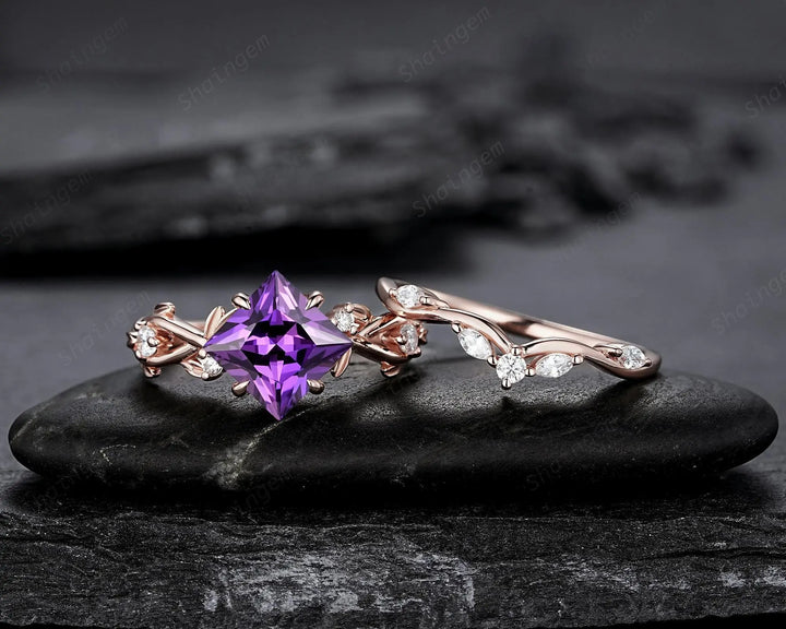 Princess Cut Purple Sapphire Engagement Ring Set: Rose Gold Promise Ring, Twig Branch Leaf Vine, 24K Gold Plated Silver, Platinum - ShainJewelry
