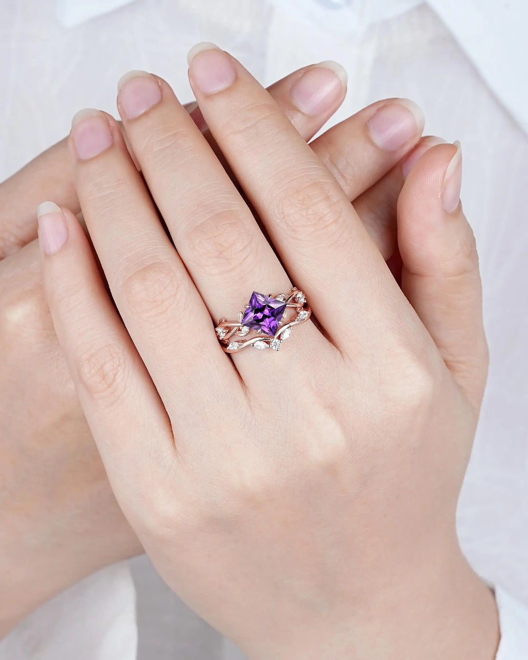 Princess Cut Purple Sapphire Engagement Ring Set: Rose Gold Promise Ring, Twig Branch Leaf Vine, 24K Gold Plated Silver, Platinum - ShainJewelry