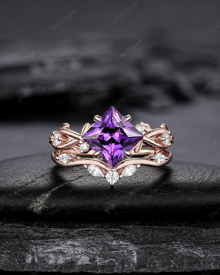 Princess Cut Purple Sapphire Engagement Ring Set: Rose Gold Promise Ring, Twig Branch Leaf Vine, 24K Gold Plated Silver, Platinum - ShainJewelry