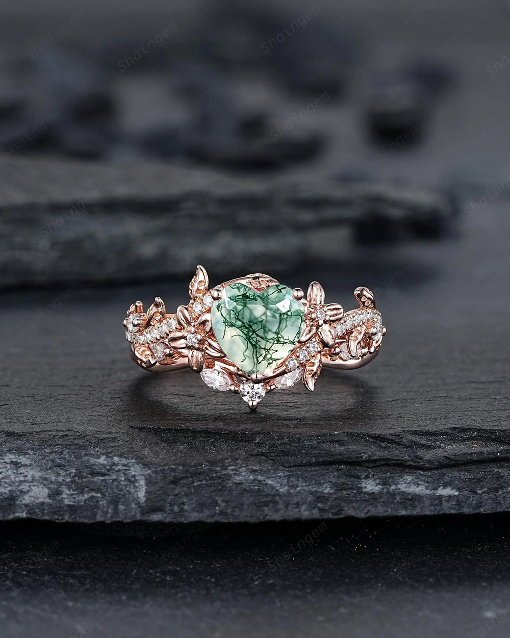 Heart Shape Moss Agate Floral Engagement Rings: Rose Gold Vine Leaf Wedding Set, Nature Inspired Love Promise Ring, 24K Gold Plated Silver - ShainJewelry