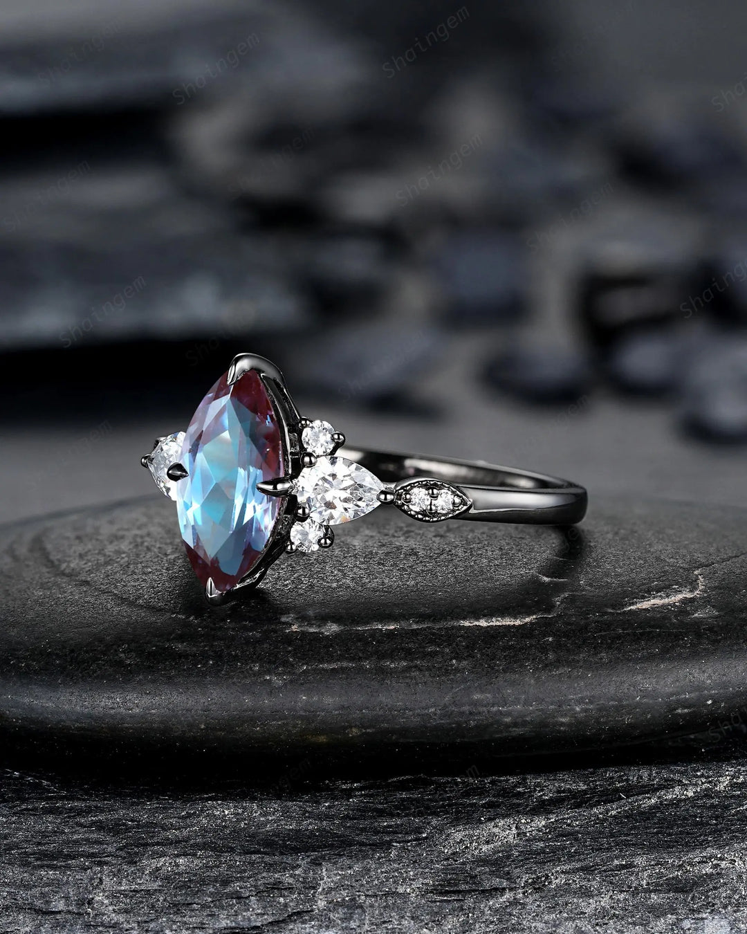 Gothic Marquise Cut Alexandrite Engagement Ring, Rhodium Black Cluster Promise Ring, Black Gold Promise Anniversary Gift, Dark Witchy Ring - ShainJewelry